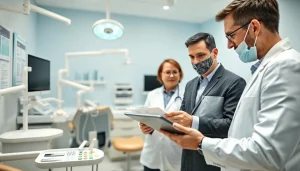 Engaging dental business consultant analyzing practice data in a professional setting.