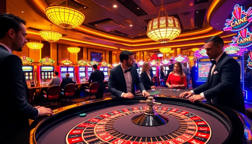 Engaging Rio casino scene with players at roulette and vibrant slot machines.