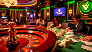 Experience thrilling casino action with VNLOTO at vibrant tables and roulette wheels in this dynamic scene.