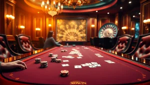 A thrilling poker game scene at 389WIN showcasing vibrant chips and elegant cards.