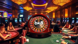 Experience the excitement of bk8 casino with players enjoying roulette and vibrant slot machines.
