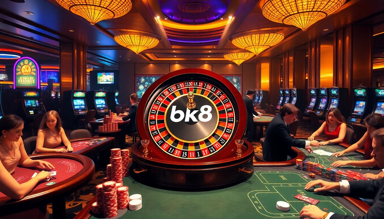 Experience the excitement of bk8 casino with players enjoying roulette and vibrant slot machines.