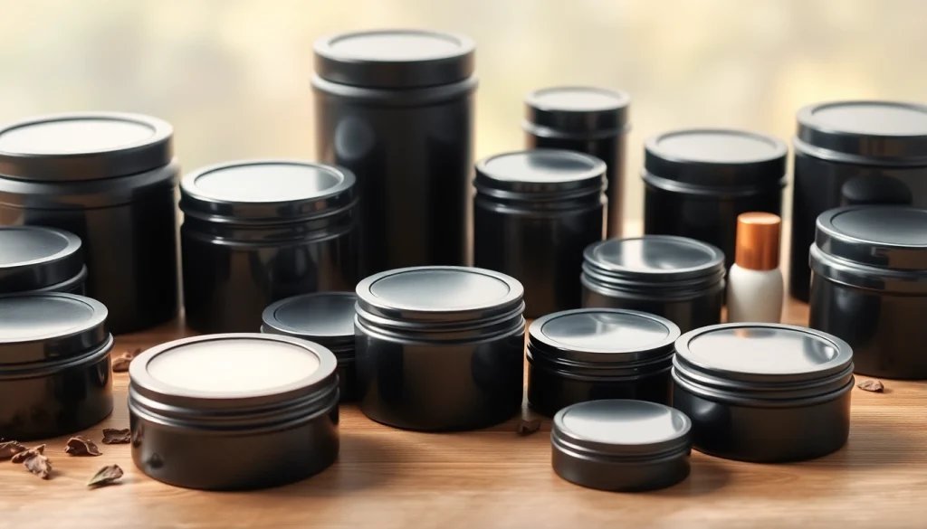 Black tins in various shapes and lid designs, perfect for tea, candles, and cosmetics.