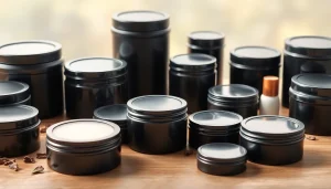 Black tins in various shapes and lid designs, perfect for tea, candles, and cosmetics.