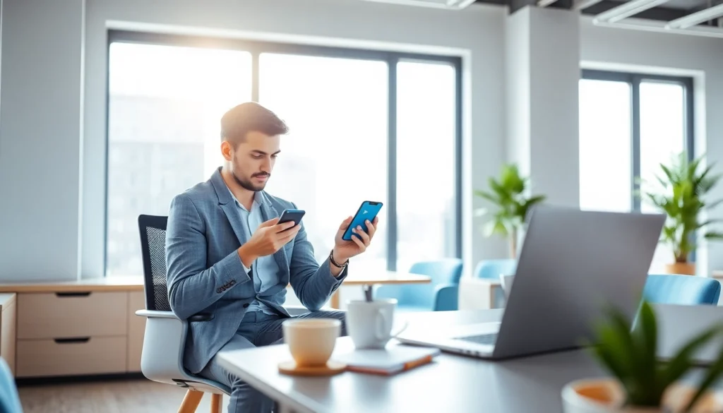 Efficient workspace with a young professional using Telegram中文 on smartphone and laptop.