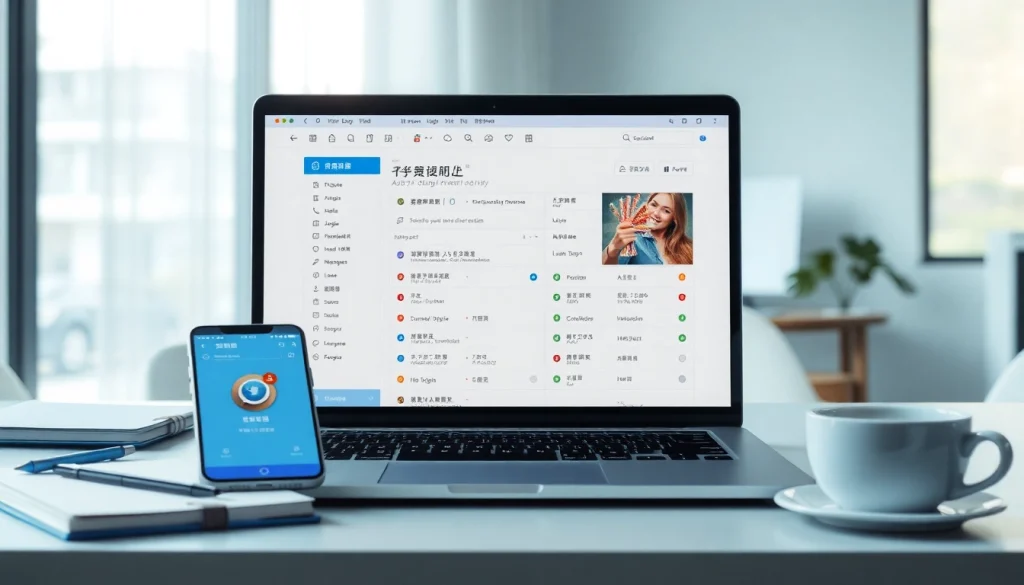 A modern workspace showcasing the Youdao Translation app on a laptop, emphasizing innovative language solutions with 有道翻译.