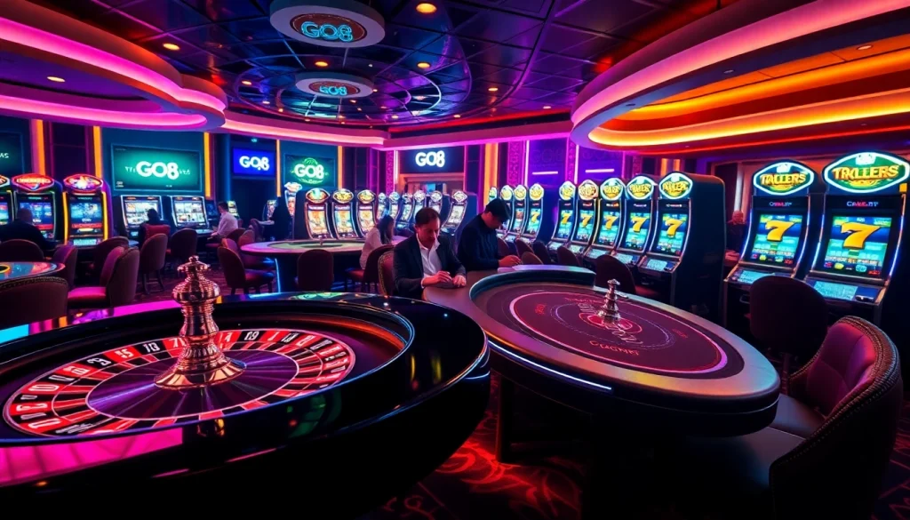 GO8 players winning big at a vibrant casino table with exciting gaming elements.