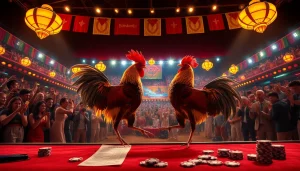 Exciting action of đá gà trực tiếp thomo with roosters fighting in a vibrant arena, capturing the thrill.