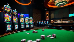 SLOTS8 vibrant slot machines spinning with excitement in a luxurious casino setting.