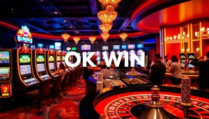 Exciting casino atmosphere with players enjoying games and OKWIN branding.