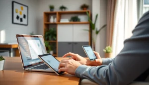 Sogou Input Method download showcased in a modern home office, illustrating seamless interaction across multiple devices.