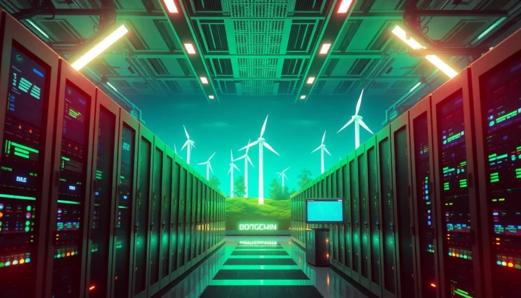 Dogecoin cloud mining earnings illustrated in a high-tech renewable energy facility.