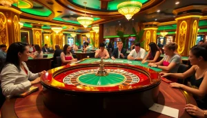 Gamble at a luxurious Rio-themed casino with vibrant tables and tropical decor.