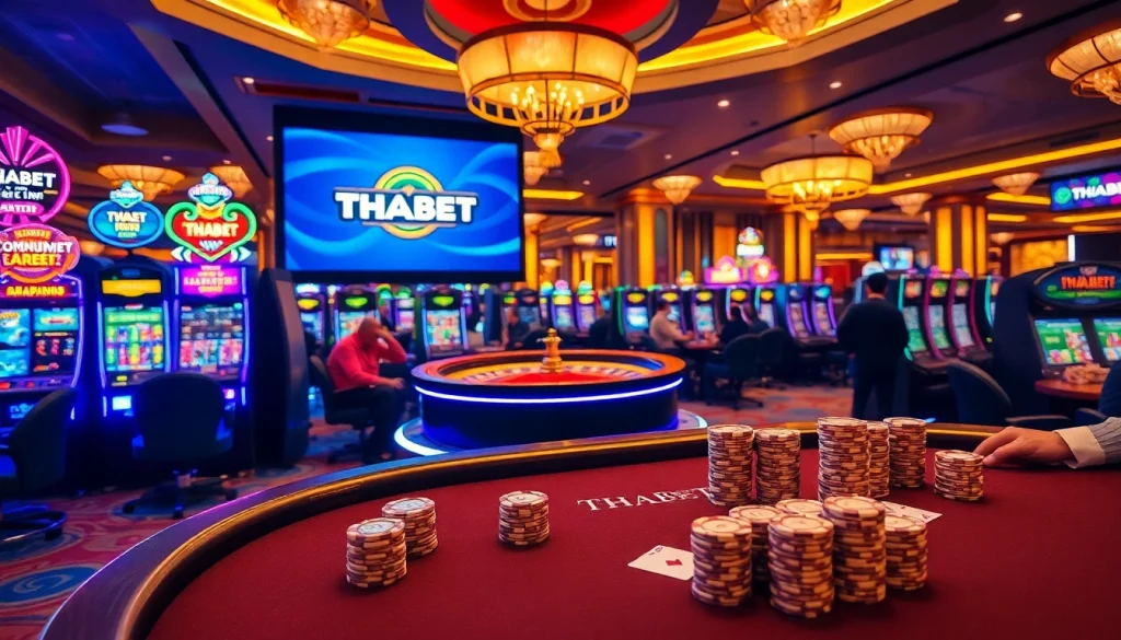 THABET offers an exciting gaming experience at a vibrant casino with poker tables and slot machines.