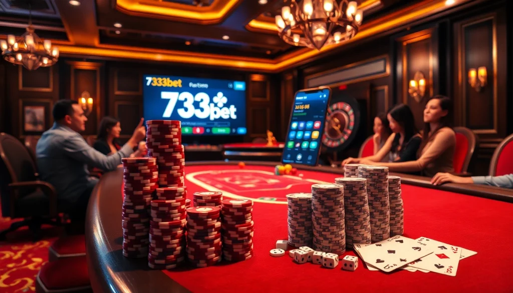 Players engaging with the 733bet App at a poker table with vibrant chips and cards.
