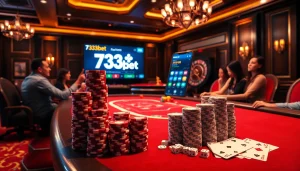 Players engaging with the 733bet App at a poker table with vibrant chips and cards.