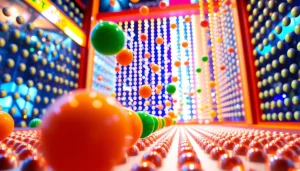 Main visual dari demo plinko yang menampilkan bola jatuh di papan pinalti.