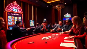 Engaging scene of professional gambling at Nhà Cái 32WIN casino with players and live dealer.