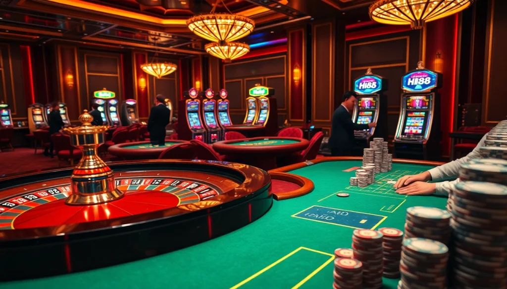 Hi88 offers an exciting casino experience with vibrant poker chips and roulette tables in action.