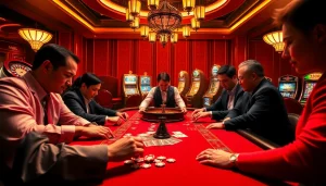 32win3 gamblers enjoying a thrilling game of poker at a luxurious casino table.