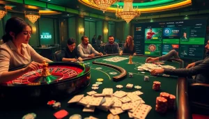 Betting action at XX88 casino, featuring roulette and poker in a luxurious setting.