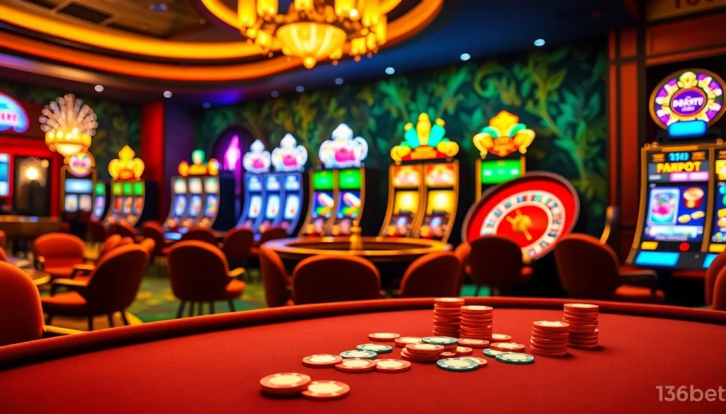 Experience the thrill of the 136bet App with vibrant casino tables and exciting gambling elements.