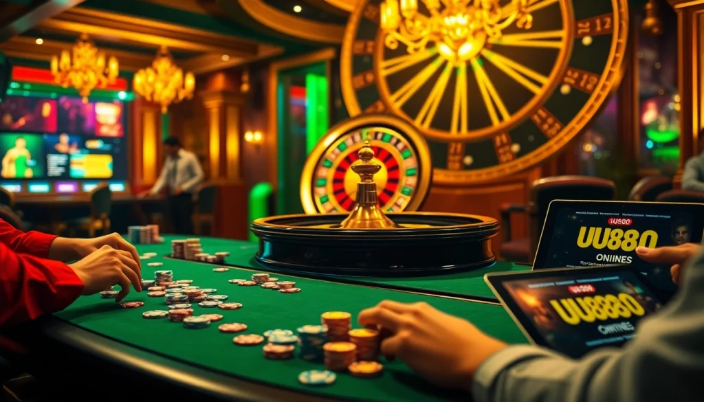 Experience the thrill of UU88 at a vibrant poker table surrounded by excitement and glamour.