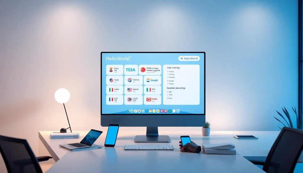 HelloWorld software interface displayed on a modern workspace, showcasing multilingual support and seamless connectivity.