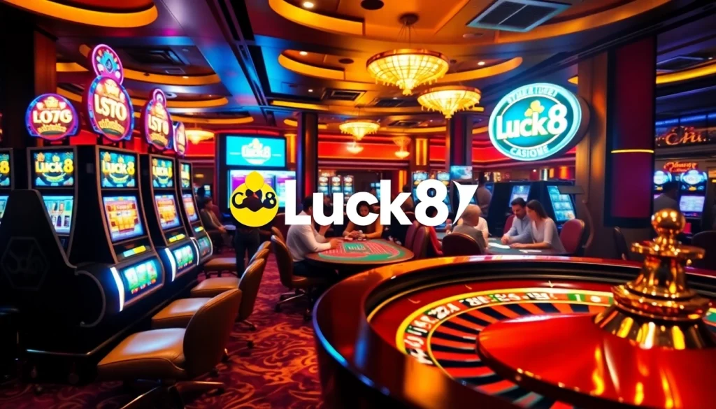 Luck8 players engaging at a lively casino table with vibrant games and excitement