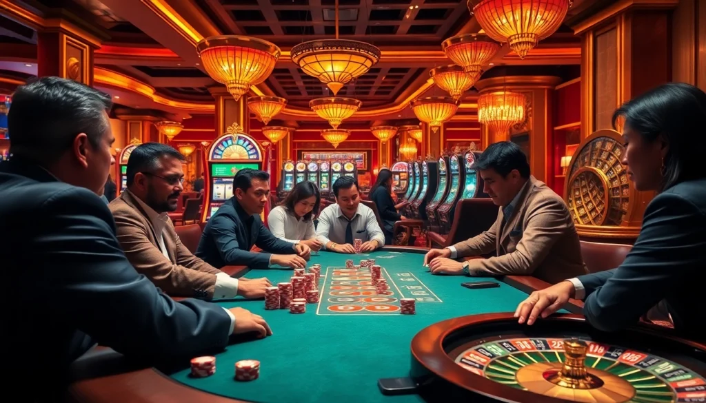 Experience the excitement of RR88 with players engaging in a high-stakes poker game amid a vibrant casino backdrop.