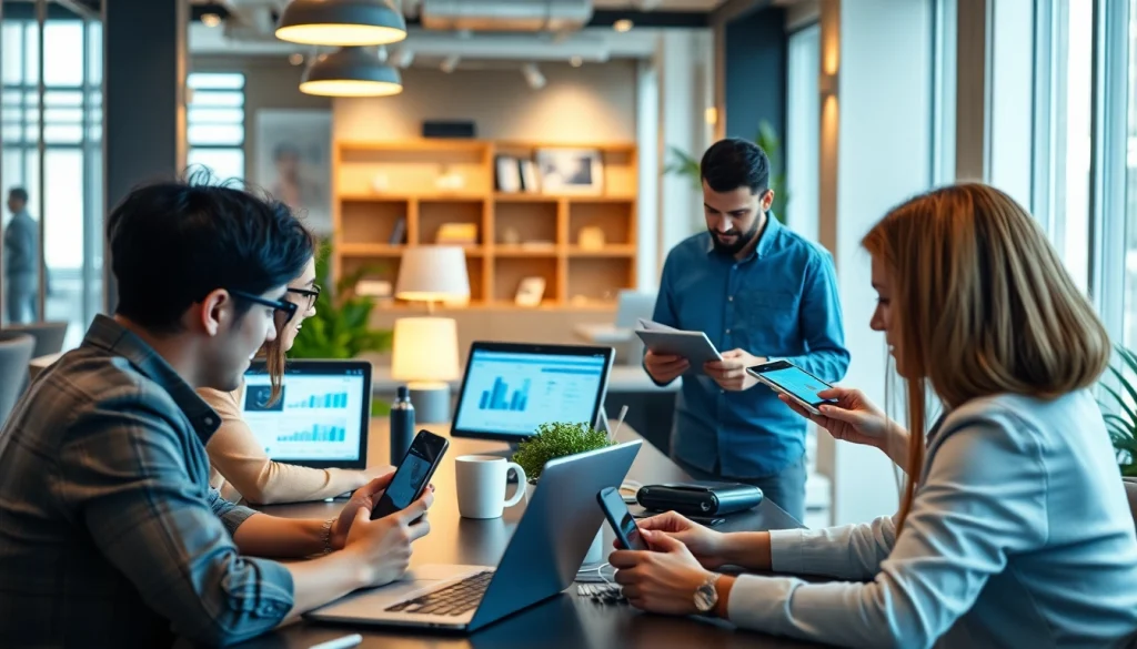 Users collaborating efficiently with WPS办公软件 in a modern office setting, showcasing advanced technology.