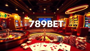 Exciting casino scene featuring 789BET with roulette, poker chips, and cards.