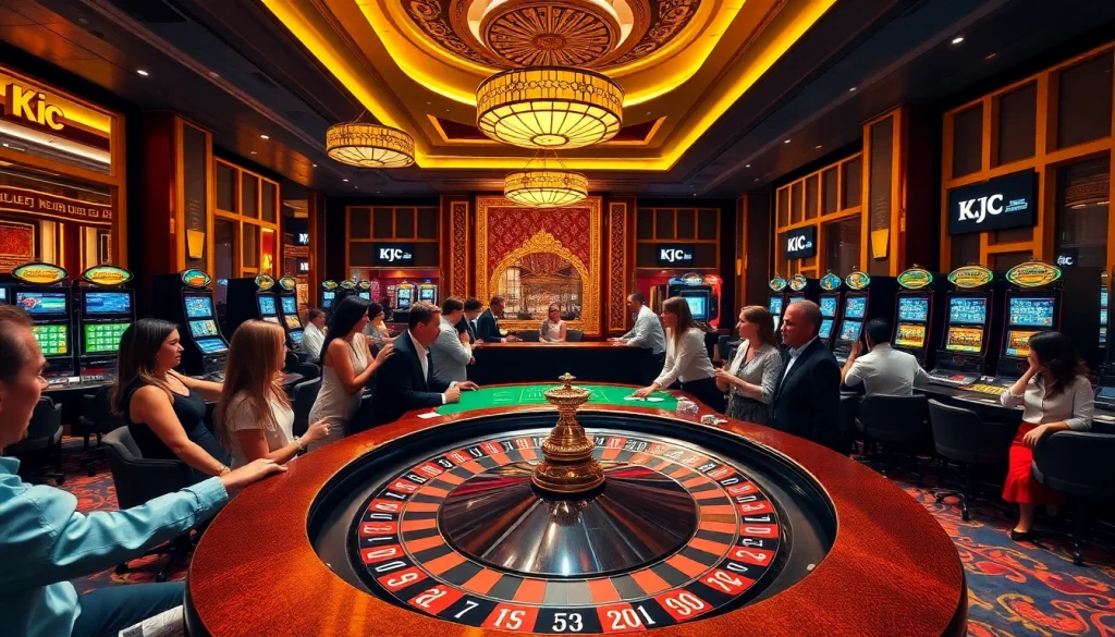 KJC casino atmosphere featuring players at a roulette table and vibrant slot machines.
