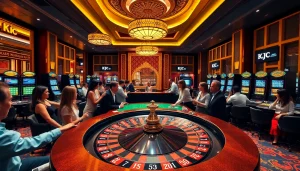 KJC casino atmosphere featuring players at a roulette table and vibrant slot machines.
