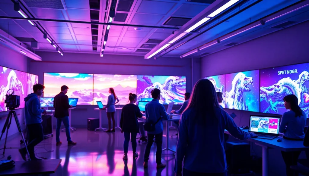 Dynamic art studio scene with artists utilizing nano banana 2 AI technology for image generation.