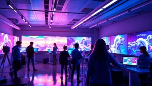 Dynamic art studio scene with artists utilizing nano banana 2 AI technology for image generation.