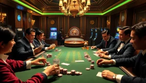 Players engage in an exciting poker game at a luxurious casino table, inspired by https://journal.unj.ac.id/.