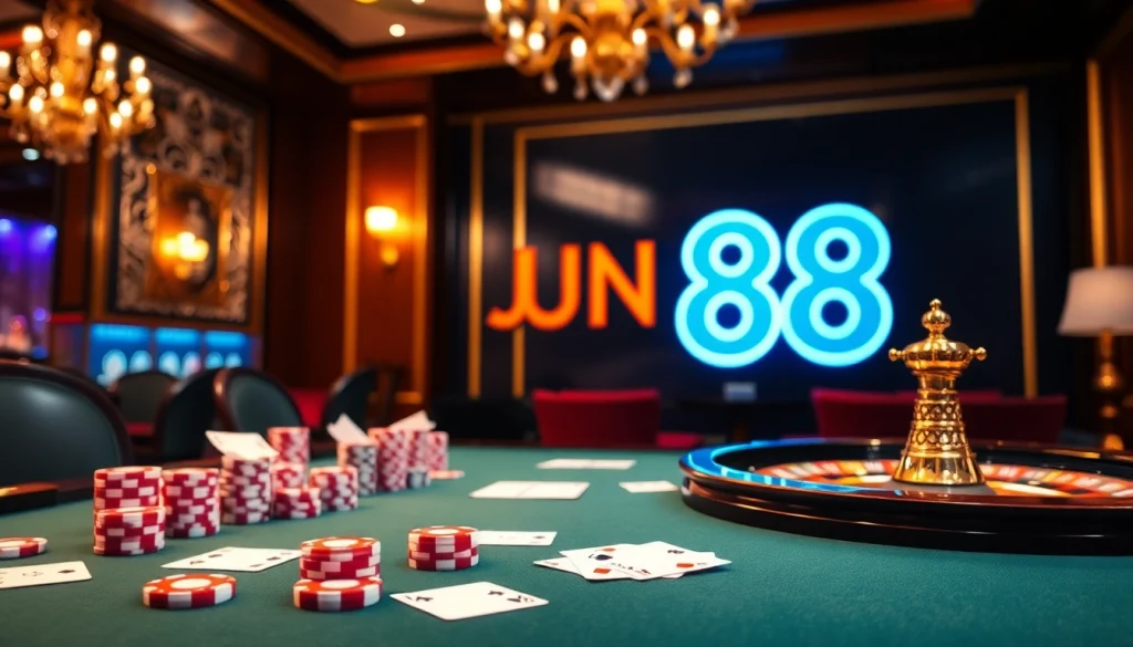 Experience the thrilling action at JUN 88 casino with vibrant gaming elements and elegant décor.