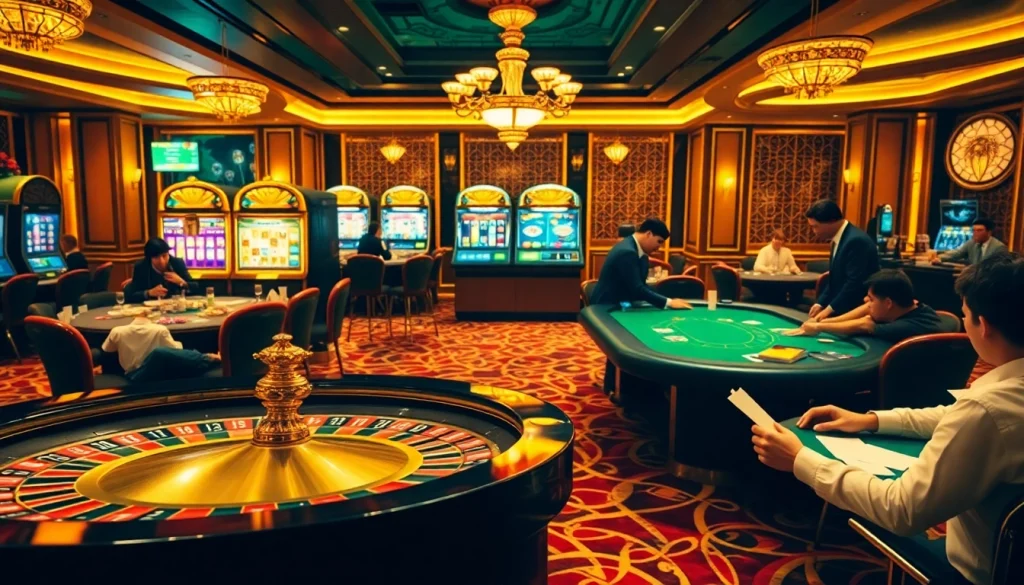 Experience the excitement of gambling with plus777a.ph at a luxurious casino filled with roulette and poker tables.