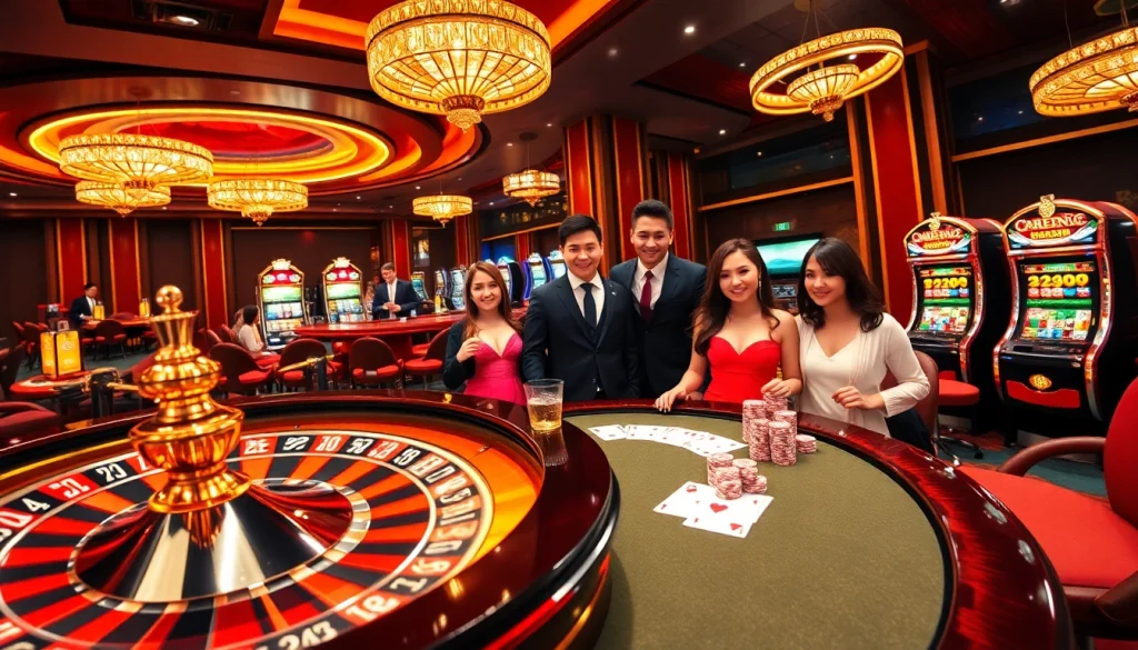 Experience the excitement of LC88 with players engaging in high-stakes gambling at a luxurious casino.