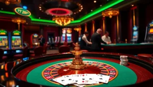 Cảnh casino hấp dẫn với bàn roulette và sự phấn khích của người chơi tại https://luck8.net.