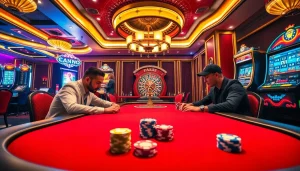 The excitement of a high-stakes poker game at https://98win3h.blog, featuring players, colorful poker chips, and a roulette wheel.