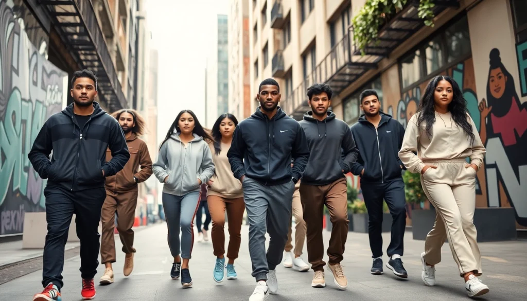 Stylish individuals in Essentials Tracksuit showcasing urban streetwear fashion.