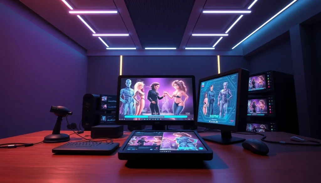 Futuristic workspace showcasing NSFW AI technology and interactive digital interfaces.