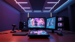 Futuristic workspace showcasing NSFW AI technology and interactive digital interfaces.