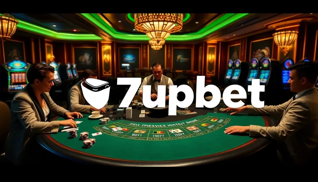 A vibrant casino scene showcasing players enjoying blackjack at a table branded with 7upbet, emphasizing thrilling gambling action.