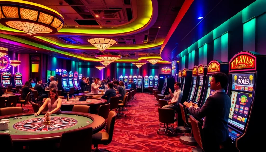 A vibrant casino scene showcasing reputable gambling experiences with players celebrating at tables and slot machines.