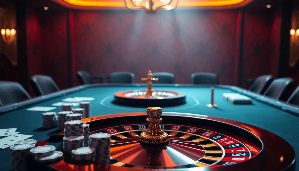 Exciting gambling scene at 23win with casino tables, poker chips, and a roulette wheel.
