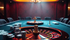 Exciting gambling scene at 23win with casino tables, poker chips, and a roulette wheel.