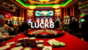 Người chơi LUCK8 ăn mừng chiến thắng tại bàn roulette trong bầu không khí casino đầy hứng khởi.